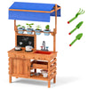 Wooden pretend play kitchen with height adjustable canopy, featuring planting cups, sink, and accessories for kids'.