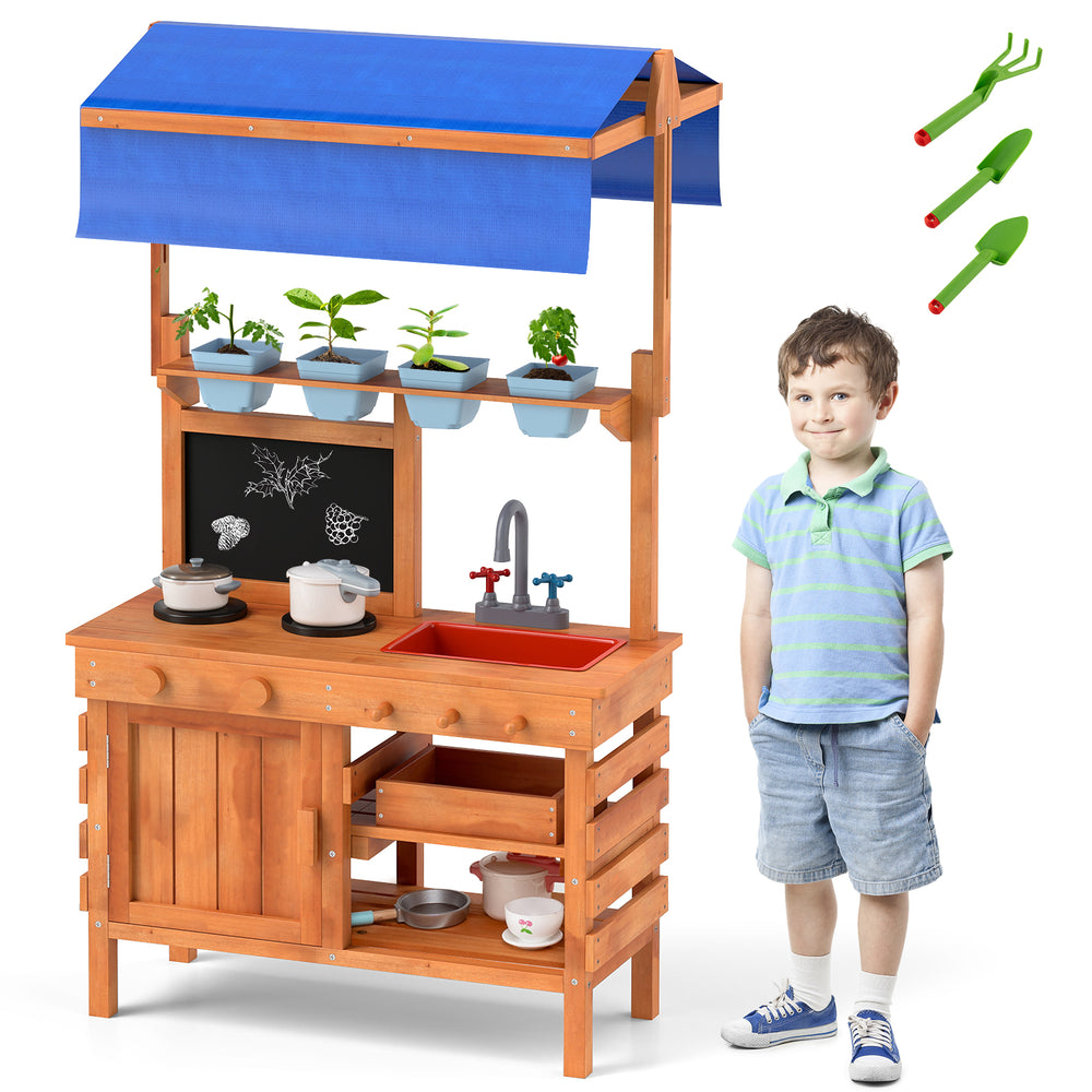 Wooden pretend play kitchen with adjustable canopy, sink, planting cups, and accessories for kids' imaginative play.
