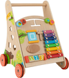 Wooden push and pull baby walker with storage, colorful activity features, designed for toddlers aged 3+ years.
