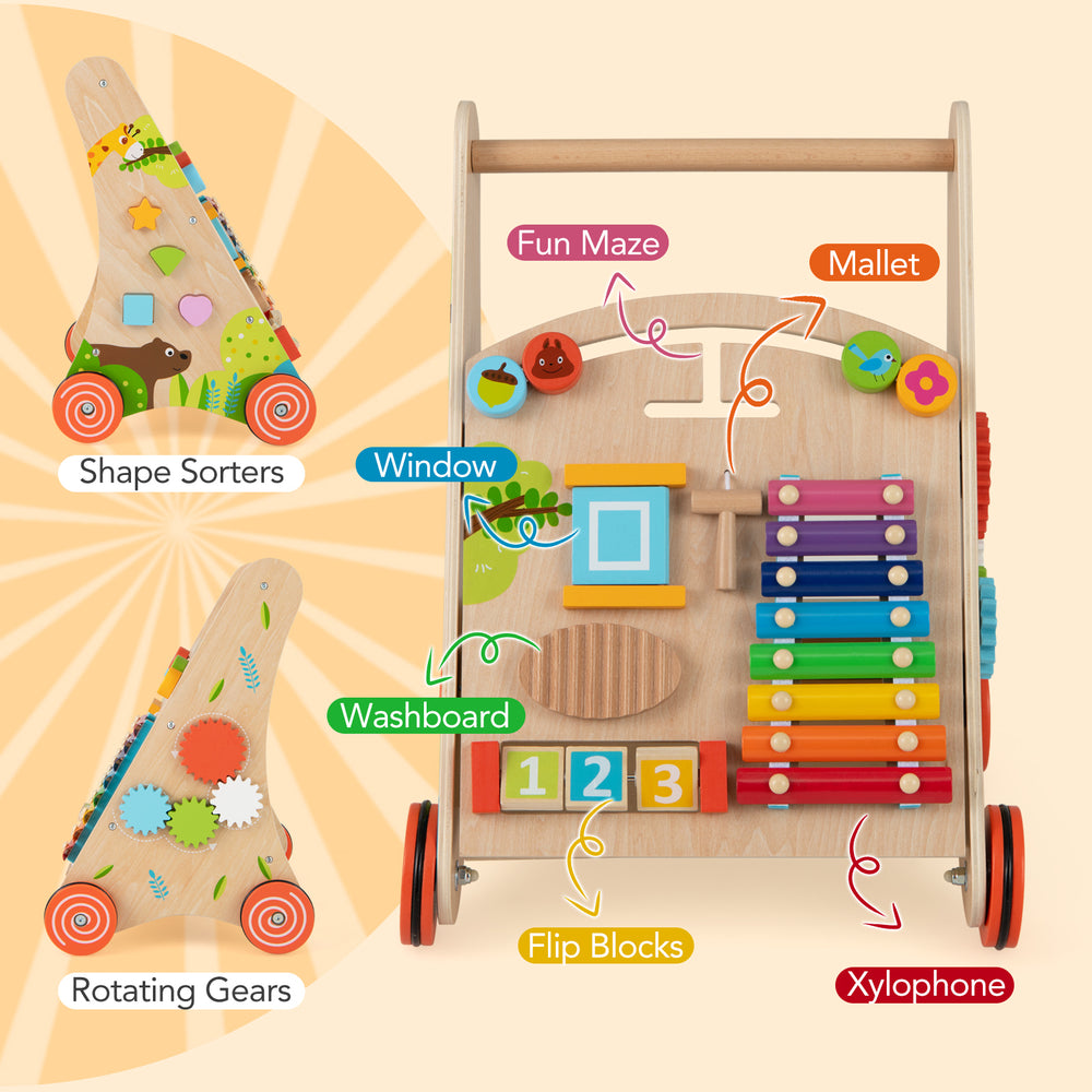 Wooden push and pull baby walker featuring shape sorters, xylophone, and rotating gears for motor skill development.