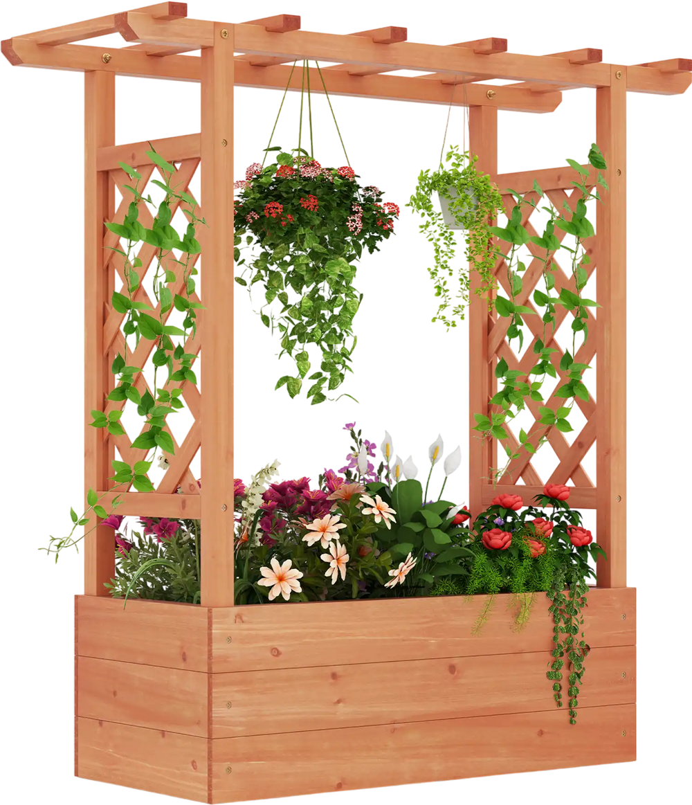 Wooden raised garden bed with trellis and hanging roof, made of durable fir wood, perfect for indoor and outdoor plants.