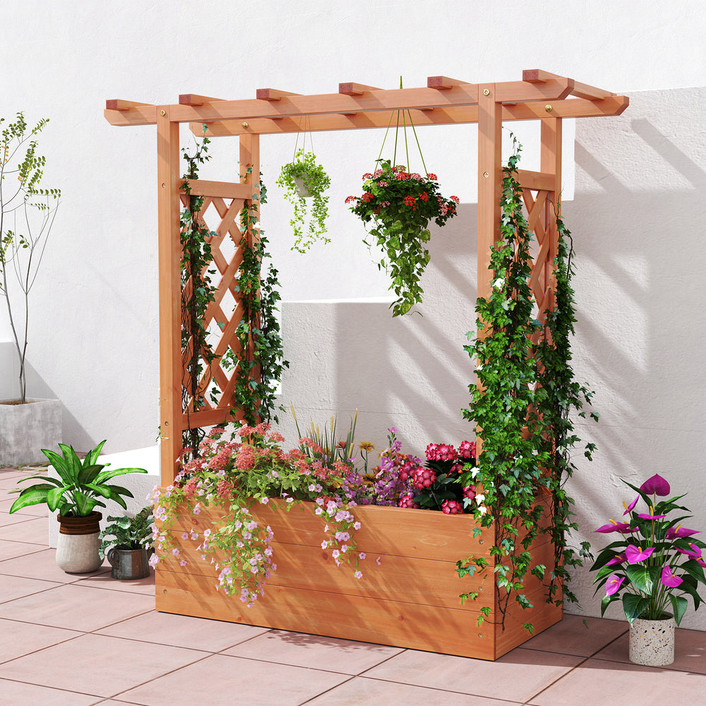 Wooden raised garden bed with trellis and hanging roof, made of durable fir wood, ideal for outdoor plant cultivation.