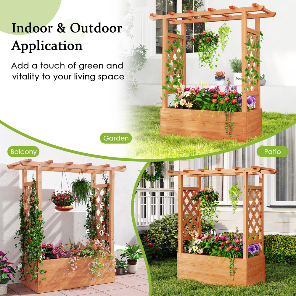 Wooden raised garden bed with trellis and hanging roof, made of durable fir wood, perfect for outdoor patios and.