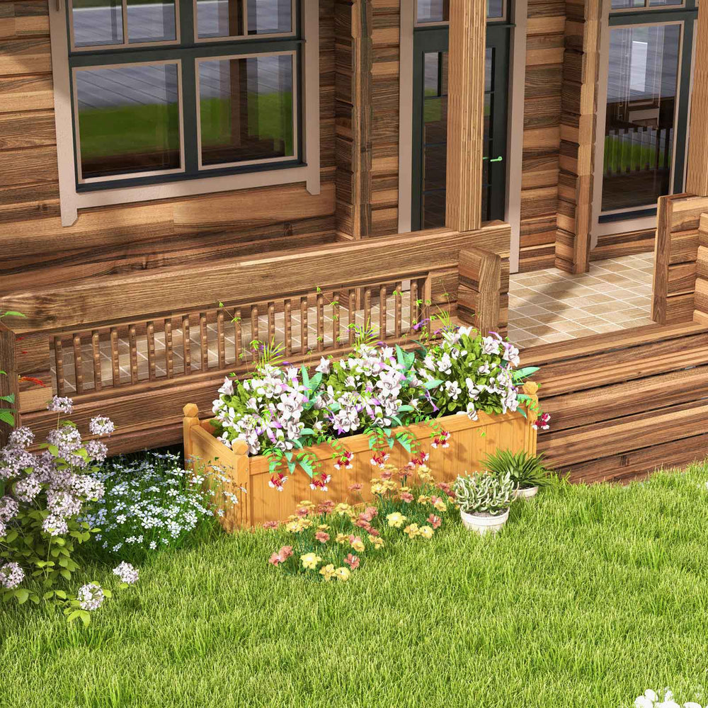 Wooden rectangular garden bed made of fir wood, showcasing a natural finish and drainage system, perfect for outdoor.