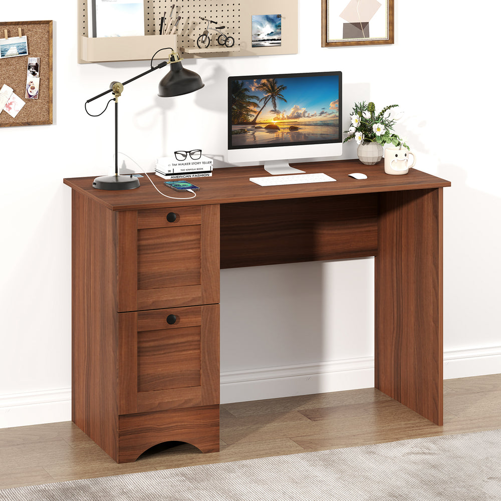 Wooden Vintage Computer Desk with 2 Drawers for Home and Office-Walnut - Gallery View 1 of 10