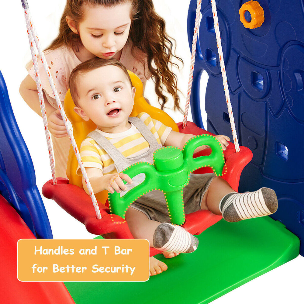 Colorful 3-in-1 children's climber with swing, slide, and basketball hoop, designed for toddlers' outdoor play.