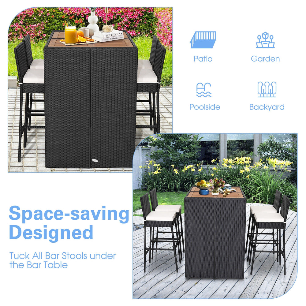 5-piece patio dining set featuring acacia wood table and space-saving design with tucking bar stools for outdoor use.