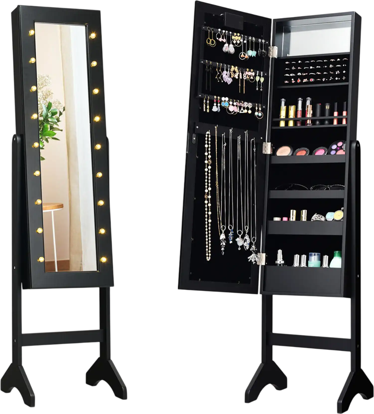 Costway Mirrored Standing Jewelry Armoire Cabinet with LED Lights 43186520 New