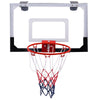 Over-the-door mini basketball hoop with 18" polycarbonate backboard and heavy-duty rim, perfect for indoor fun.