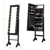 Black mirrored jewelry cabinet armoire with LED lights, showcasing a full-size mirror and organized storage for rings.