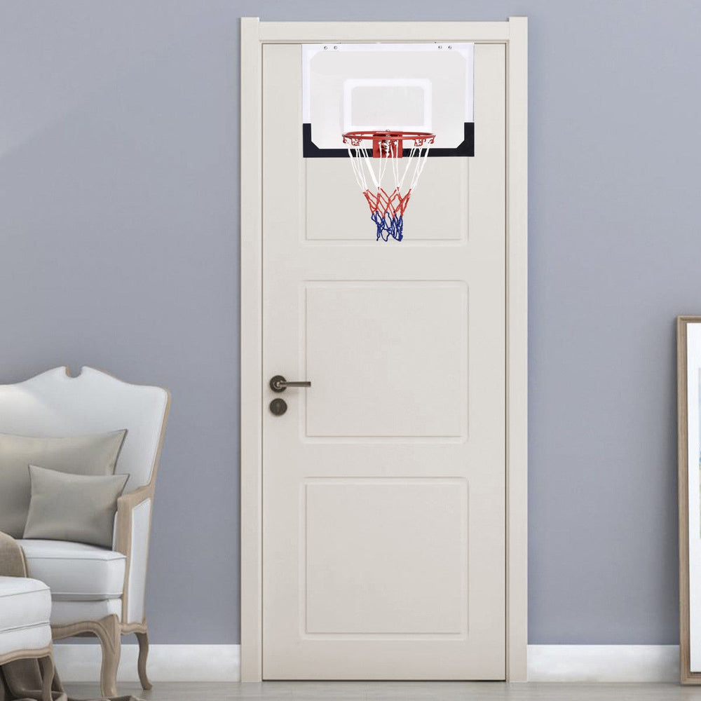 Over-the-door mini basketball hoop with shatterproof backboard, includes rubber basketball and two nets for indoor fun.