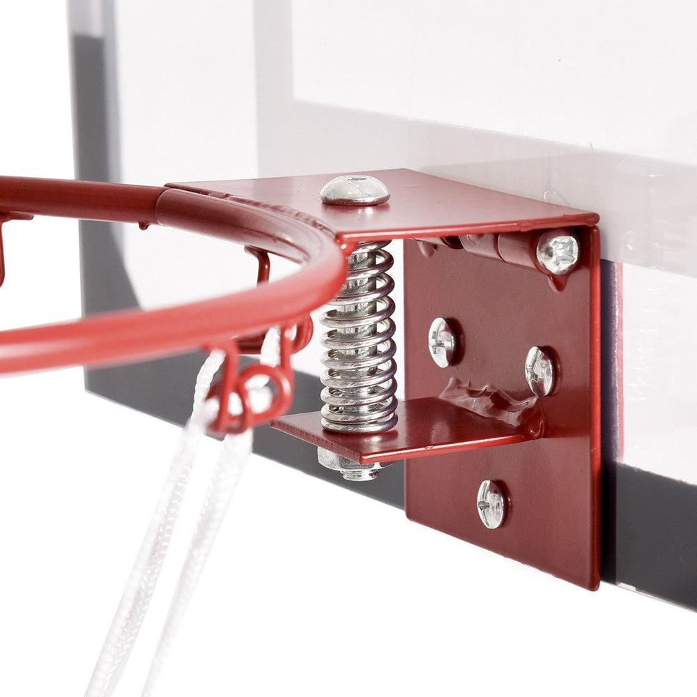 Close-up of the heavy-duty 9" basketball rim with spring mechanism for the Over-The-Door Mini Basketball Hoop.