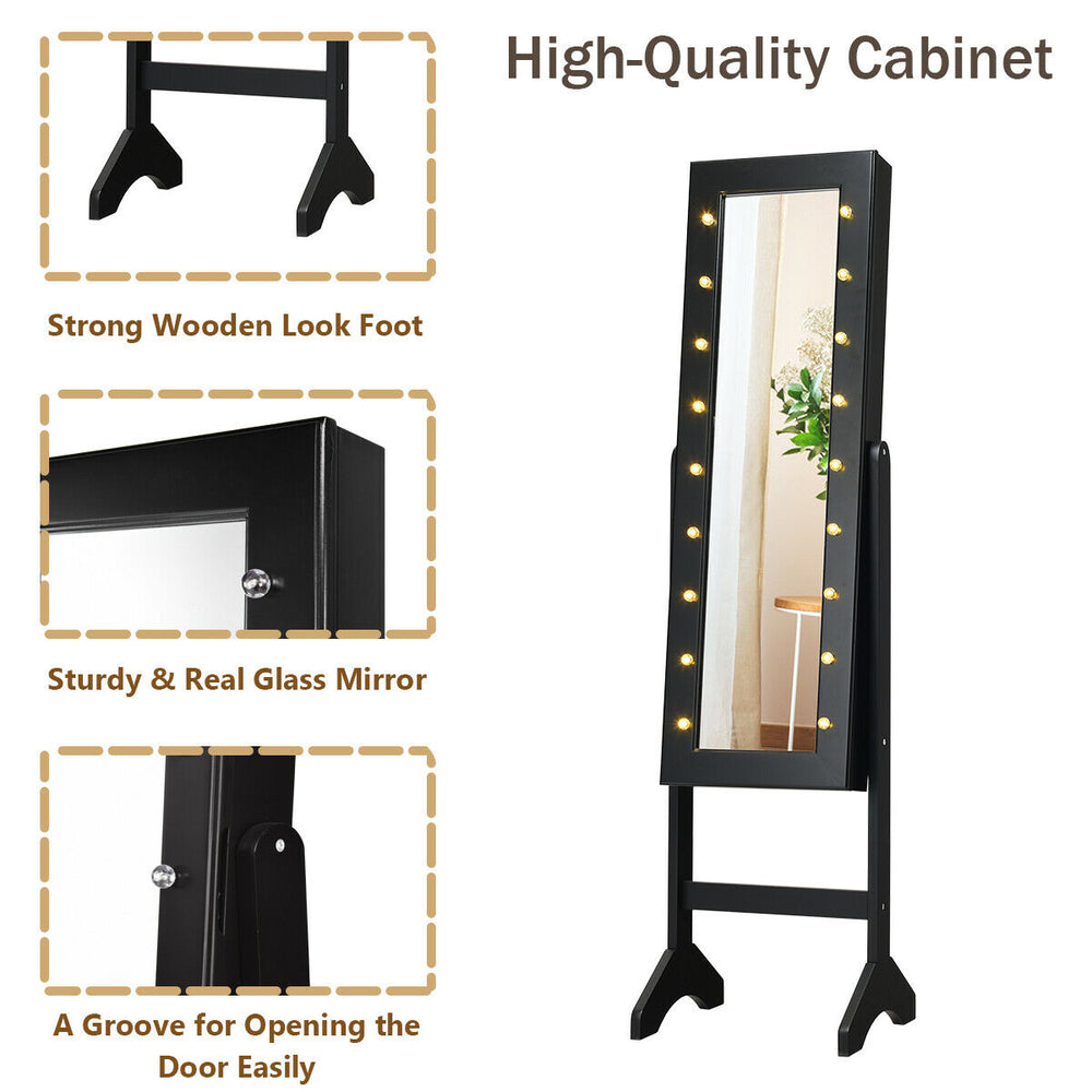 Black mirrored jewelry cabinet armoire with LED lights, showcasing the sturdy wooden look foot and easy open groove.