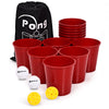 Giant Yard Pong game set featuring 12 durable red buckets, two wear-resistant balls, and a convenient carry bag for.