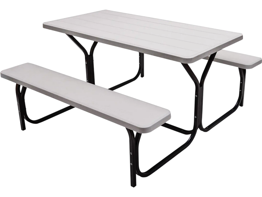 Picnic table bench set in white HDPE with integrated metal frame, perfect for outdoor camping and gatherings.