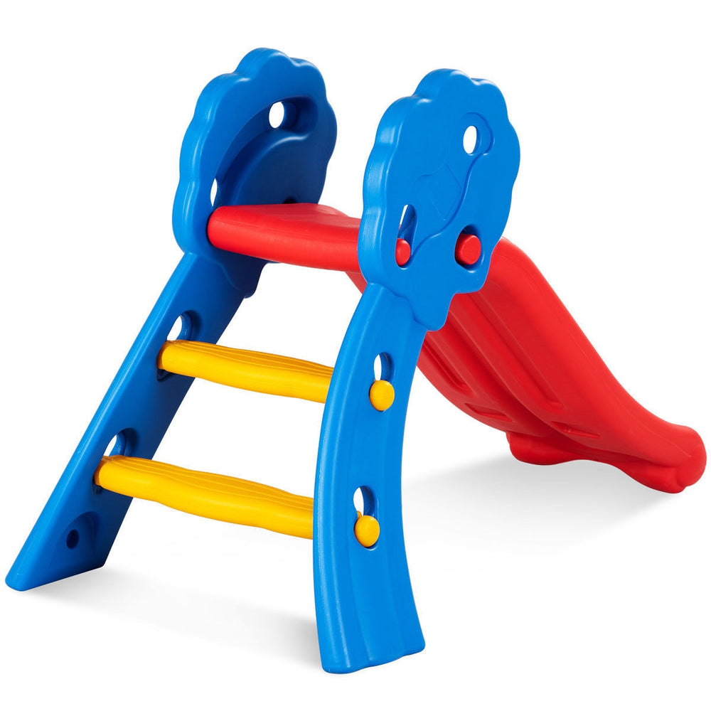 Colorful children's folding slide with sturdy blue and red design, featuring easy-to-climb steps for fun indoor and.