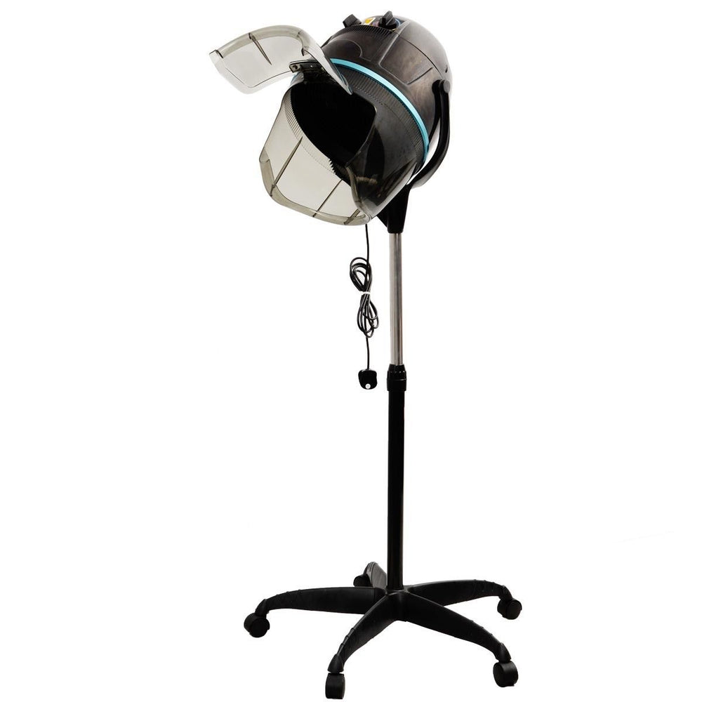 Salon standing hair dryer with swivel hood, adjustable temperature up to 75℃, and portable design on wheels for easy.