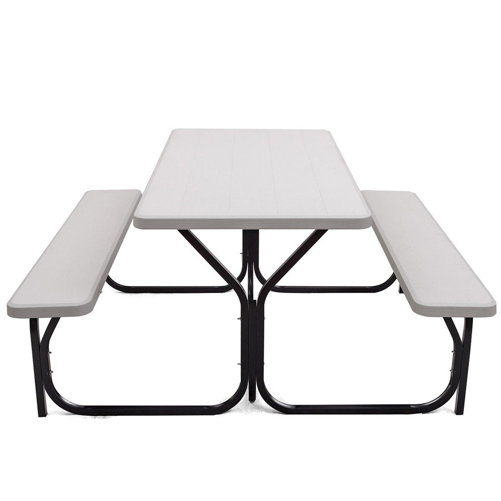 Picnic table bench set in white HDPE with integrated metal frame, ideal for outdoor camping and gatherings.