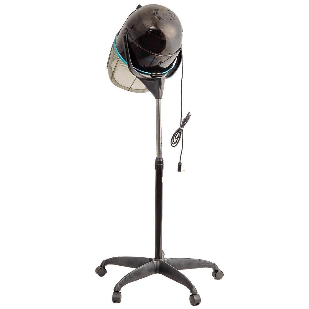 Salon standing hair dryer bonnet with adjustable temperature, swivel hood, and portable design for easy maneuverability.