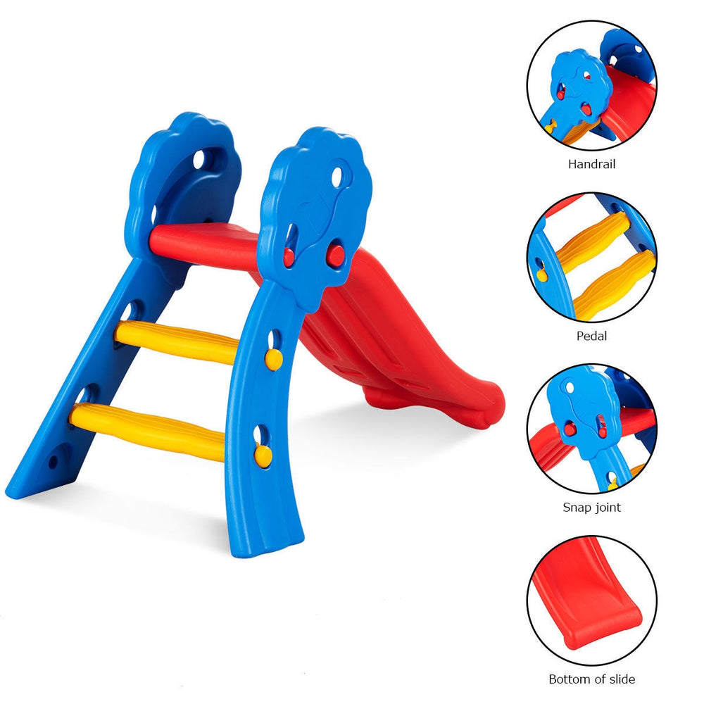 Colorful indoor outdoor children folding slide with gentle slope and easy-to-climb steps for ages 2-5 years.