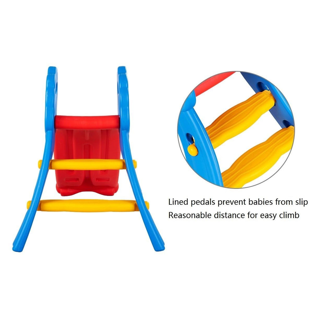 Colorful indoor outdoor children folding slide with lined pedals for safety and easy climbing, suitable for ages 2 to 5.