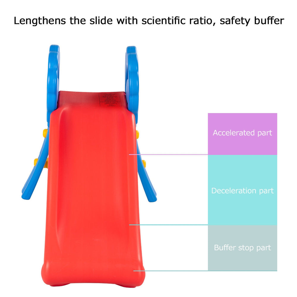 Children's folding up-down slide in red and blue, featuring a gentle slope and safety buffer for indoor and outdoor use.
