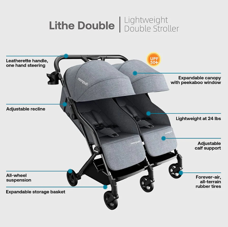 Mompush Lithe Double Travel Lightweight Twin Stroller Infant and Toddler New