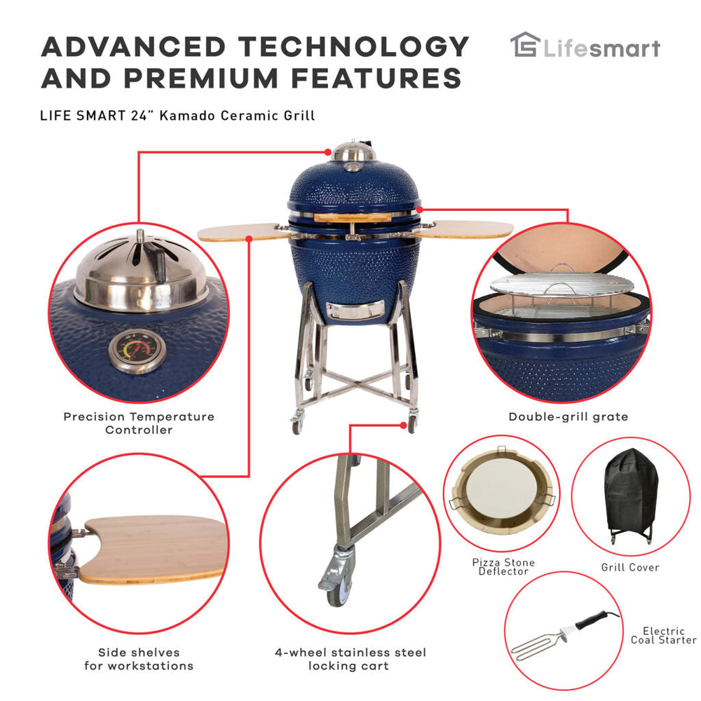 Lifesmart SCS-K24B 24" Kamado Style Ceramic Grill New