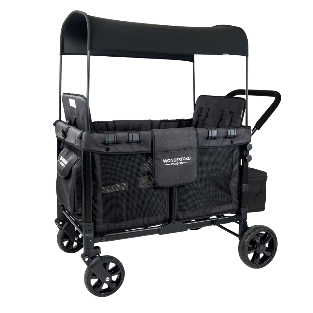 WonderFold Baby W4 Multi-Function Folding Quad Stroller Wagon with Removable Canopy and Seats Gray & Black New