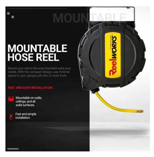 ReelWorks GUR070 300 PSI 3/8" x 50' Mountable Retractable Air Hose New