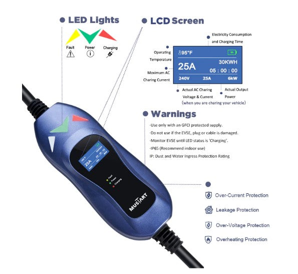 Mustart Power Level 2 EV 25A 25' Cable NEMA 10-30 Portable Charger New