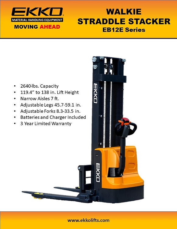 Ekko EB12E-138 Full Powered Straddle Stacker 138" Height 2640 lbs. New