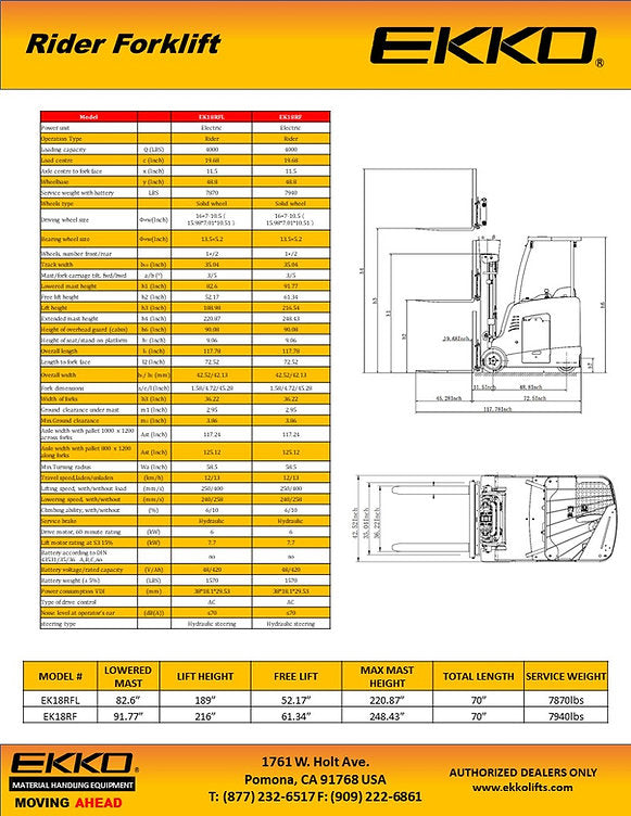 Ekko EK18RF Stand-up Rider Forklift 216" Lift 4000 lbs. Capacity New