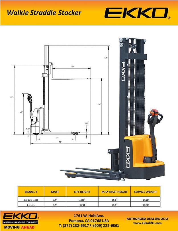 Ekko EB13E Full Powered Straddle Stacker 119" Height 2800 lbs. New