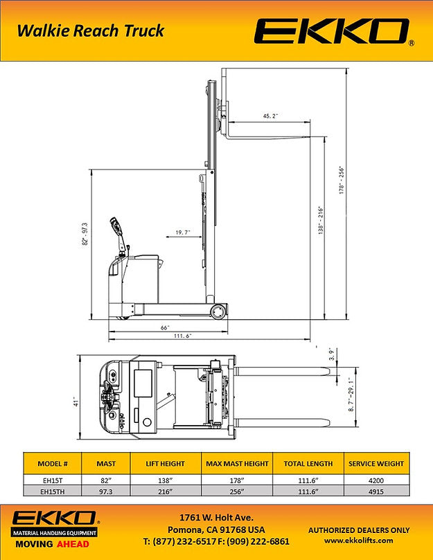 Ekko EH15T Moving Mast Walkie Reach Truck 138" Lift Height 3300 lbs. Load Capacity New