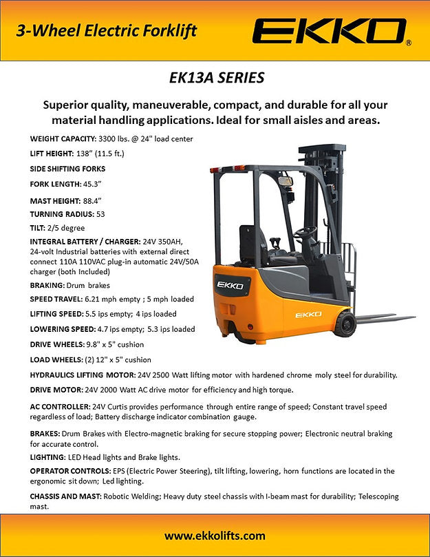 Ekko EK13A 3 Wheel Electric Forklift 138" Lift 3300 lbs. Capacity New