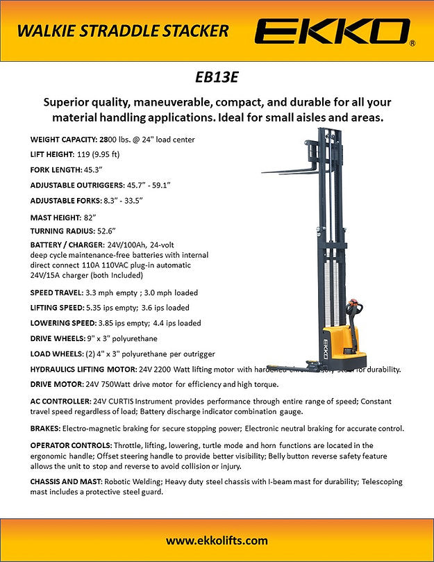 Ekko EB13E Full Powered Straddle Stacker 119" Height 2800 lbs. New