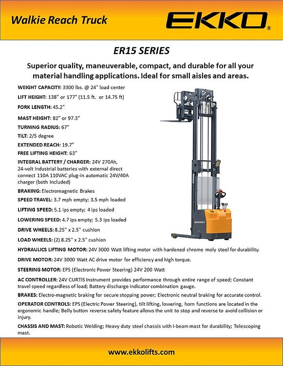 Ekko ER15 Walkie Reach Truck 3300 lbs. Load Capacity, 177" Height, Side Shift New