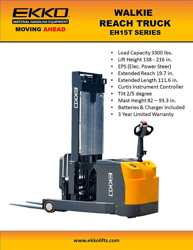 Ekko EH15T Moving Mast Walkie Reach Truck 138" Lift Height 3300 lbs. Load Capacity New