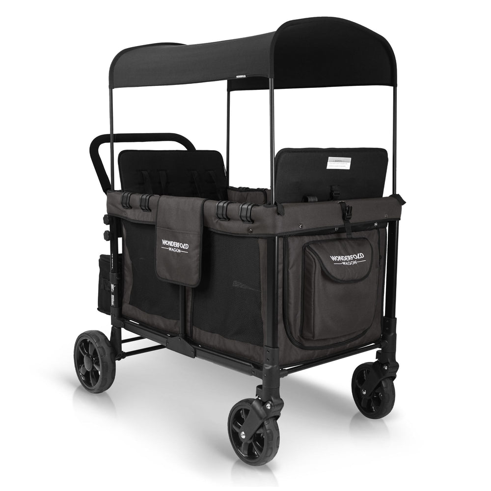 WonderFold Baby W4 Multi-Function Folding Quad Stroller Wagon with Removable Canopy and Seats Gray & Black New