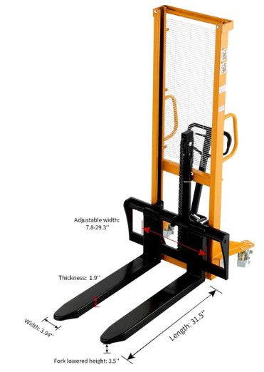 Apollolift A-3002 63" Lifting Height 1100 lbs. Capacity Adjustable Forks Manual Straddle Stacker New