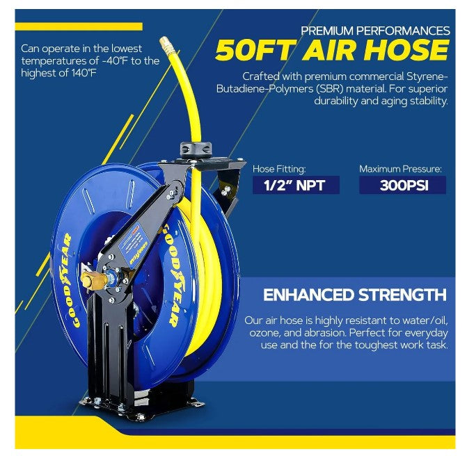 Goodyear Industrial Retractable Air Hose Reel Dual Arm 1/2" x 50' 300 PSI 1/2" NPT L820154G New