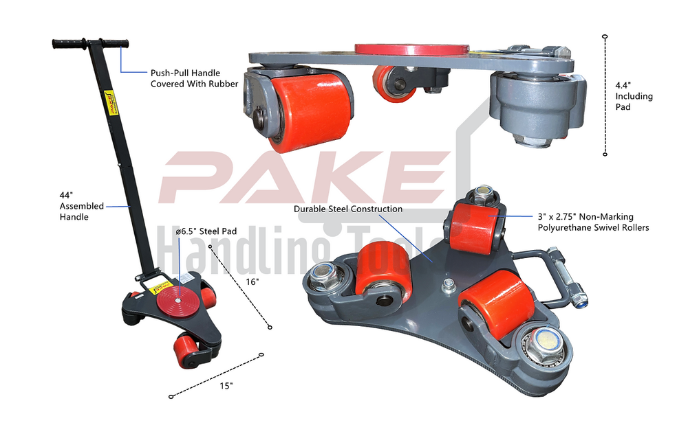 Pake Handling Tools PAKRM01 3 Roller Steel Rotating Machine Dolly 4400 lb Capacity New