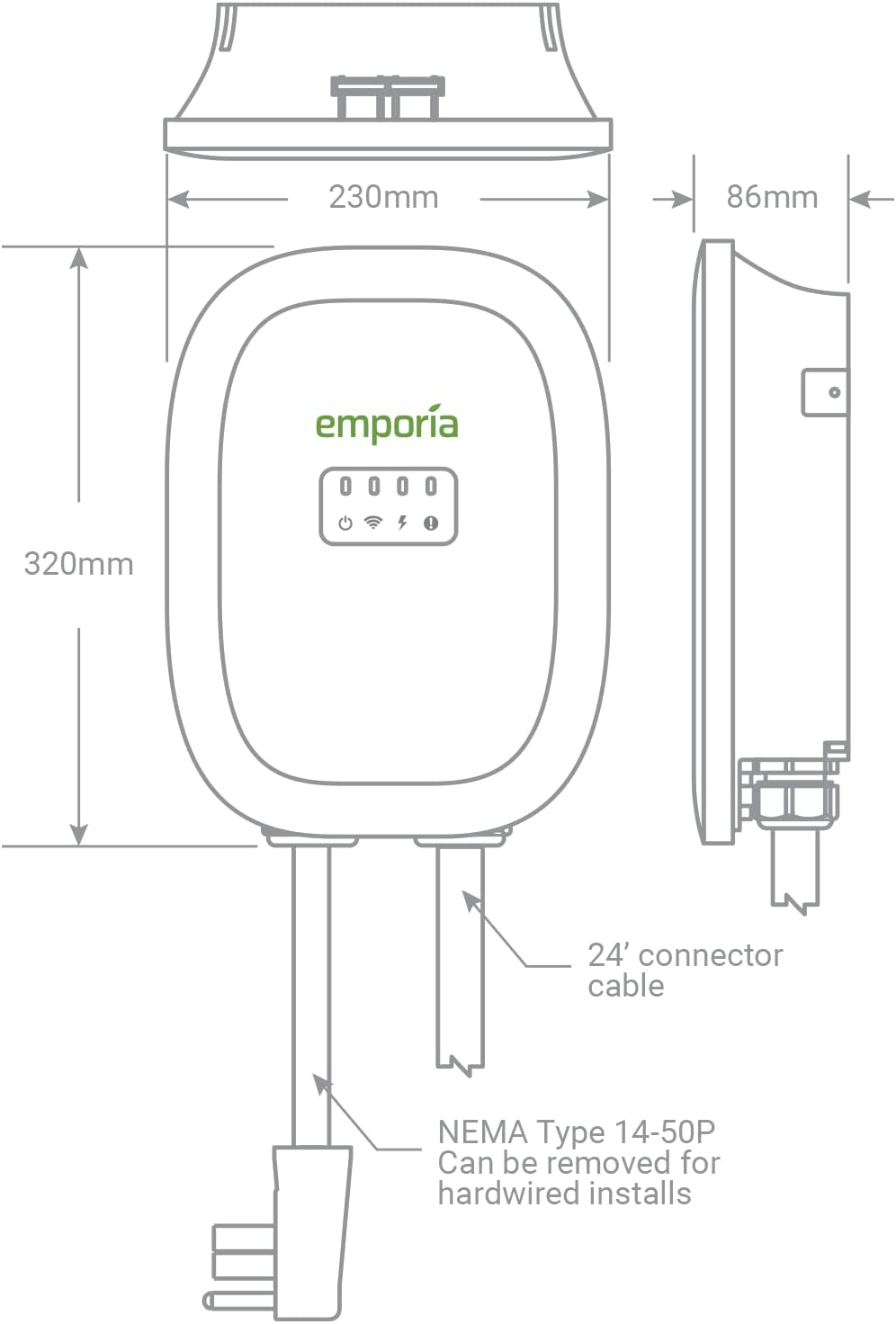 Emporia EMEVSE1UL 48A 24' Cable 22" NEMA 14-50 Energy Smart Electric Vehicle EV Charger New