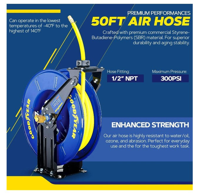 Goodyear Industrial Retractable Air Hose Reel Dual Arm 1/2" x 50' 300 PSI 1/2" NPT L820154G New