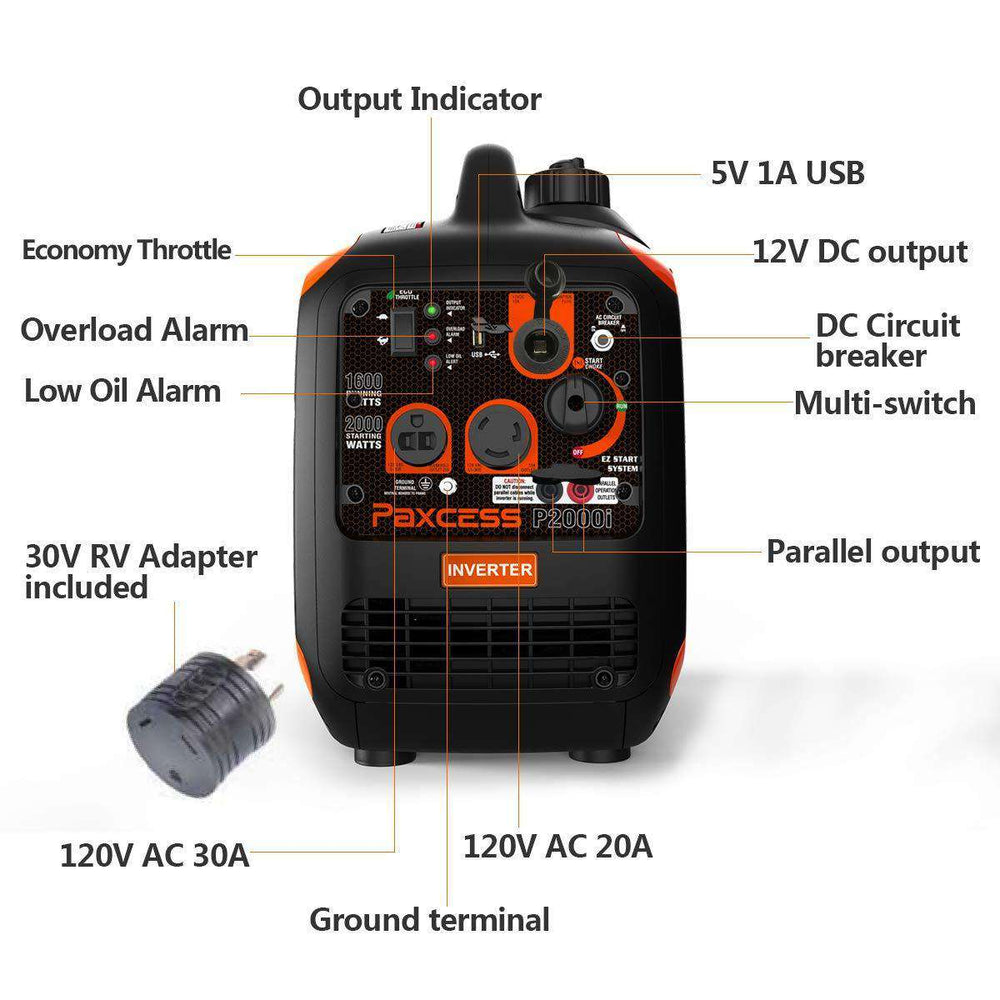 Paxcess P2000i 1600W/2000W Super Quiet Portable Gas Inverter Generator New