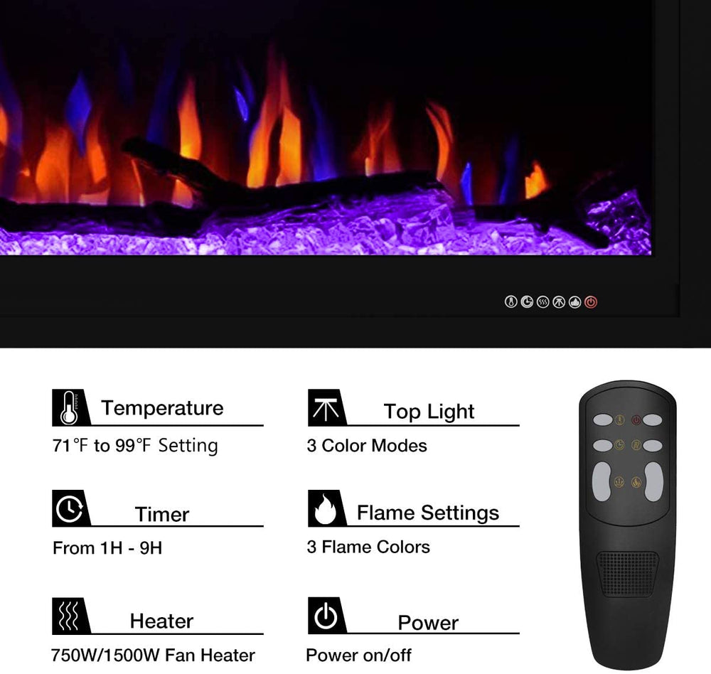 Valuxhome BI42 42 in. 750/ 1500W Recessed and Wall Mounted Electric Fireplace with Remote Black New