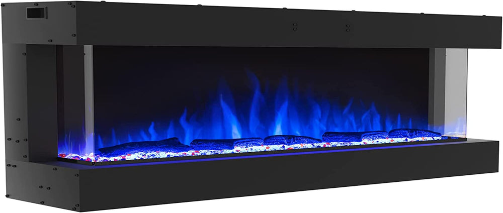 Valuxhome TS72 76 in. 1500W 3-Sided Recessed and Wall Mounted Electric Fireplace with Remote LED Lights Logs and Crystals Black New