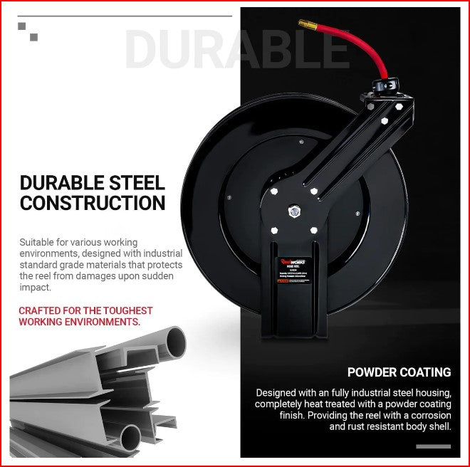 ReelWorks GUR026 Retractable Air Hose Reel  3/8" x 80' 300-PSI Max 1/4" MNPT Connections Single Arm New