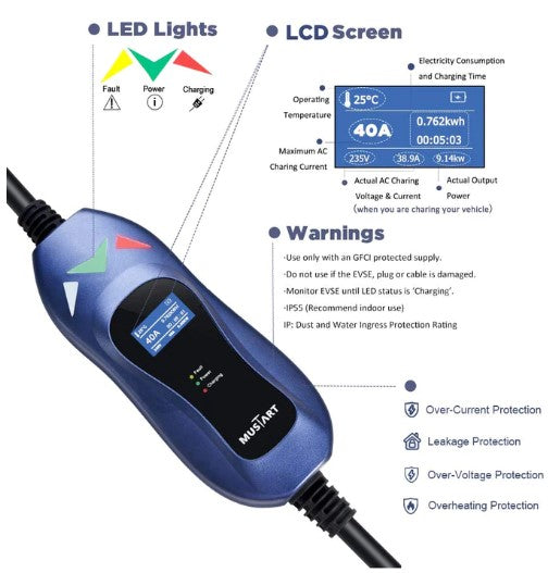 Mustart Power 40A 25' Cable NEMA 14-50P Level 2 Portable EV Charger New